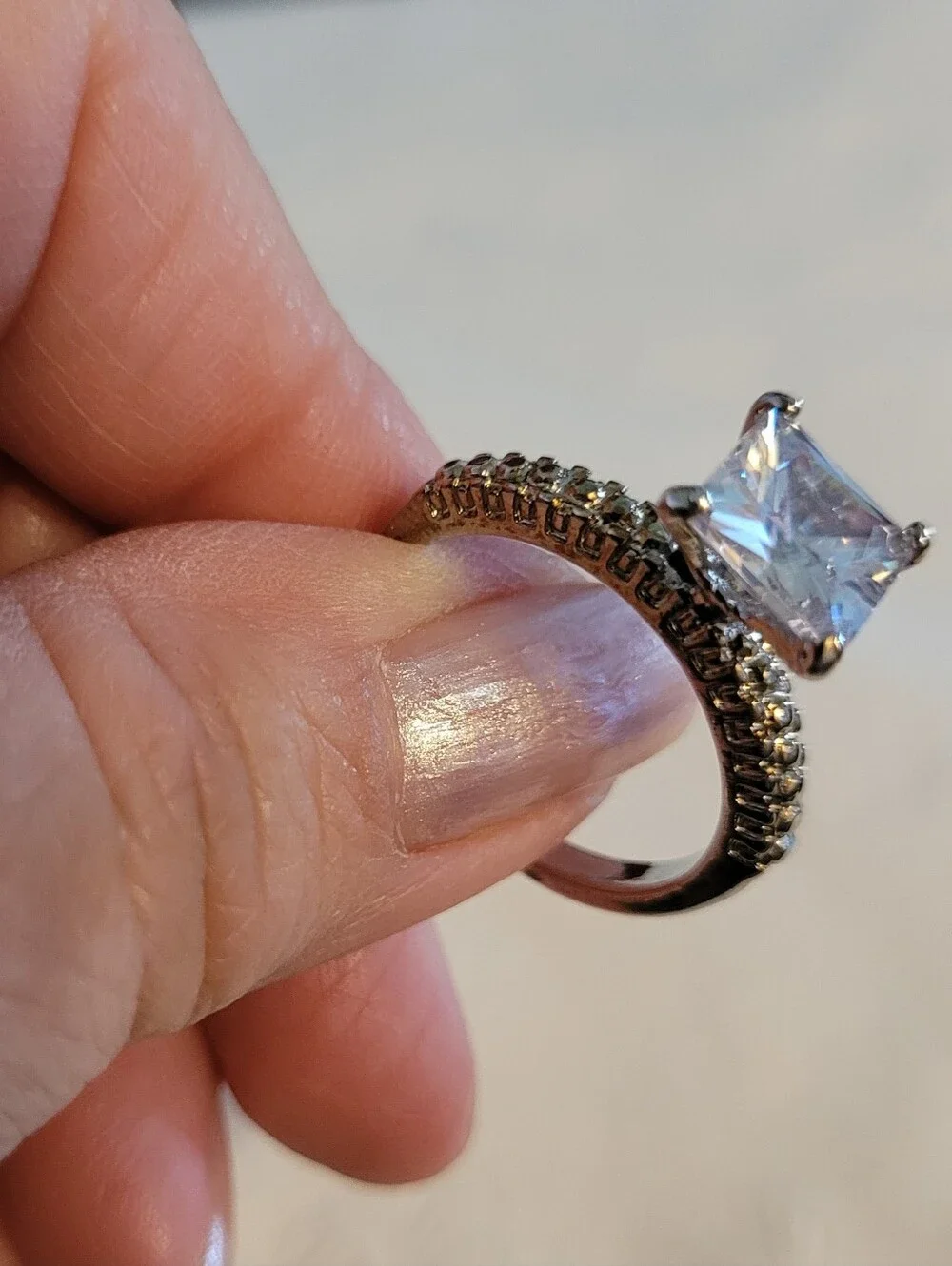 Silver-Tone Princess Cut Clear CZ Solitaire Ring Paved Band - Size 9